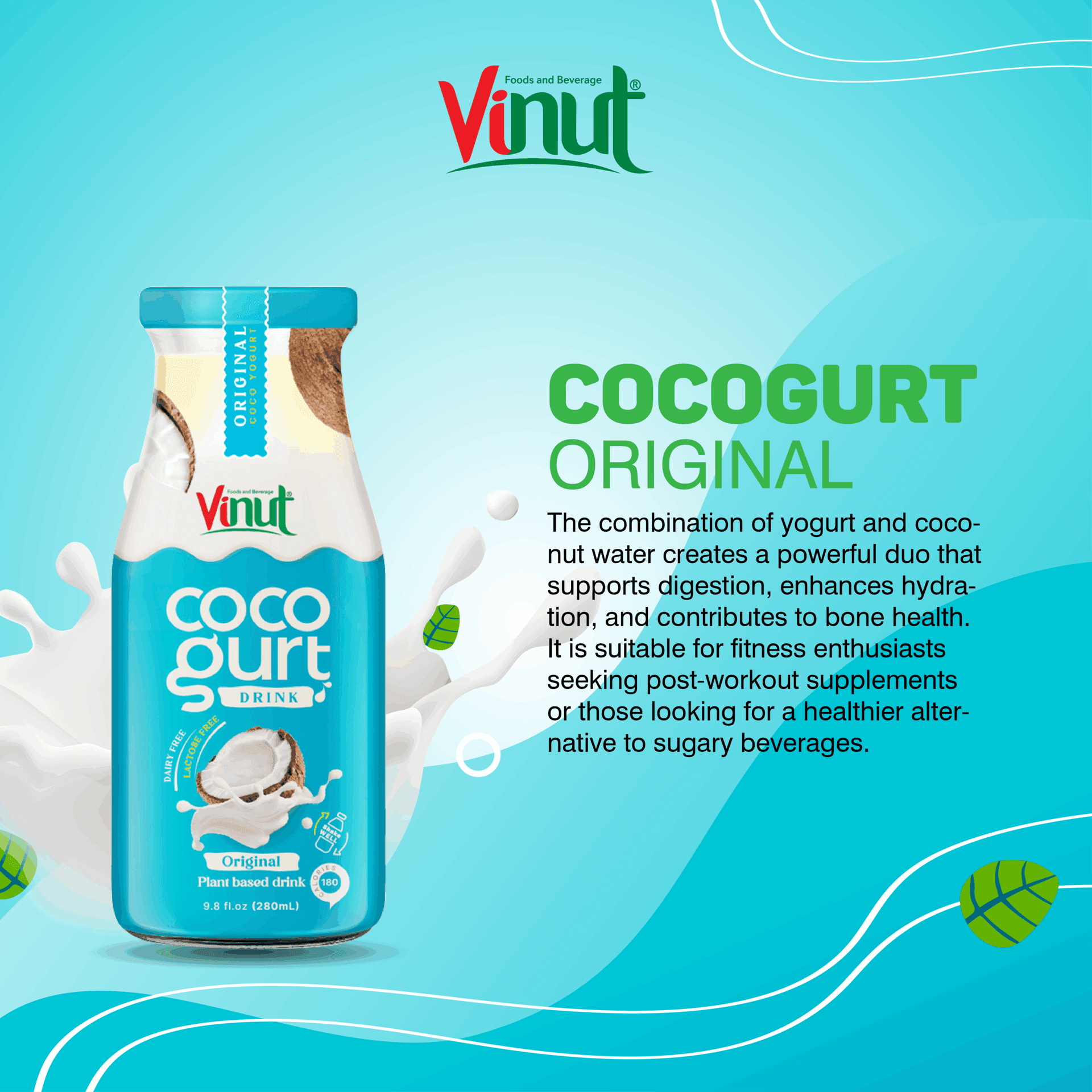 280ml Vinut Cocogurt (Coconut milk) drink Original (Lactose free, Dairy free, Plant based) view 2