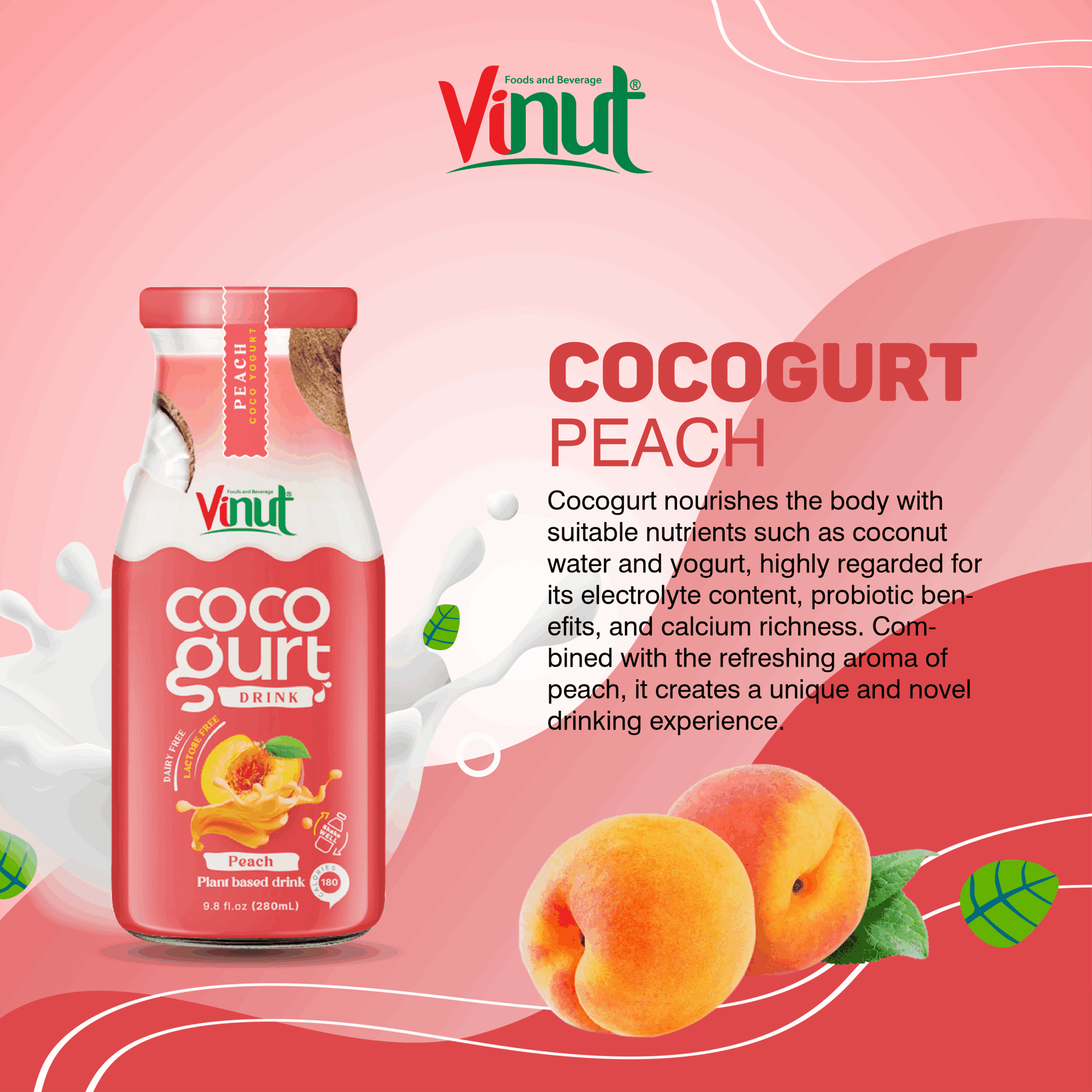280ml Vinut Cocogurt (Coconut milk) drink with Peach (Lactose free, Dairy free, Plant based) view 2